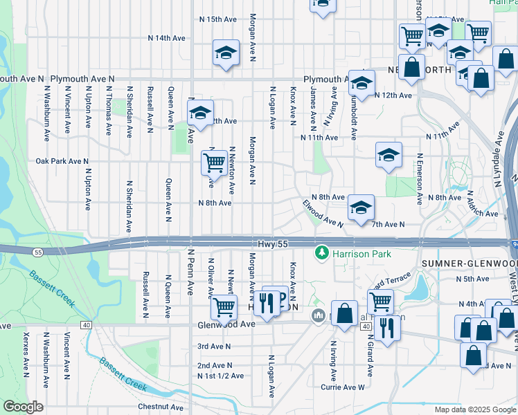 map of restaurants, bars, coffee shops, grocery stores, and more near 810 North Morgan Avenue in Minneapolis