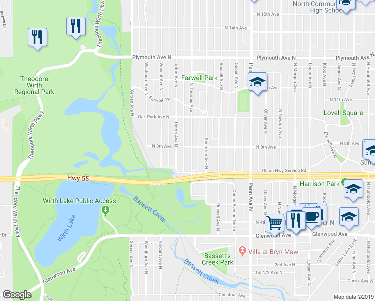 map of restaurants, bars, coffee shops, grocery stores, and more near 809 North Thomas Avenue in Minneapolis