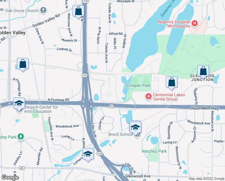 map of restaurants, bars, coffee shops, grocery stores, and more near 600 Lilac Drive North in Golden Valley