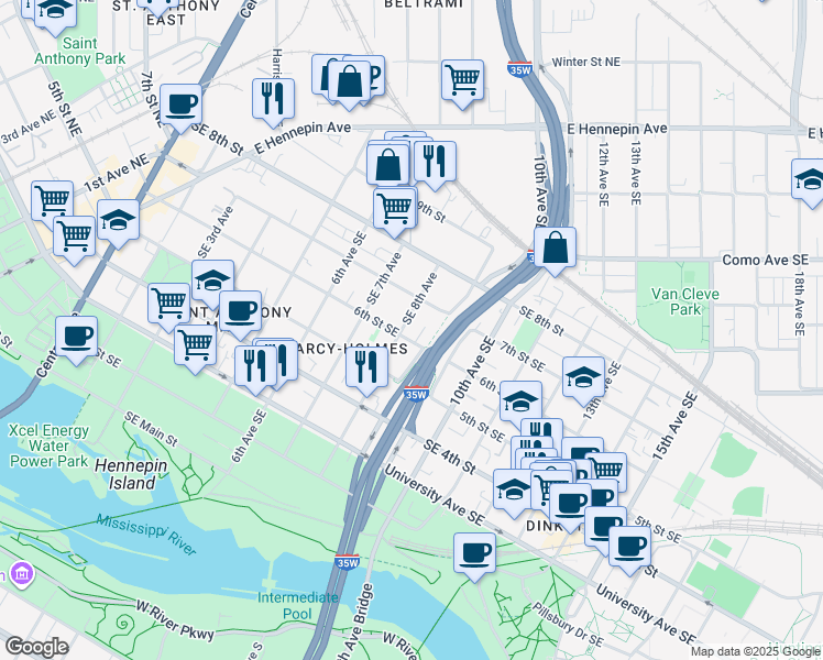 map of restaurants, bars, coffee shops, grocery stores, and more near 801 6th Street Southeast in Minneapolis