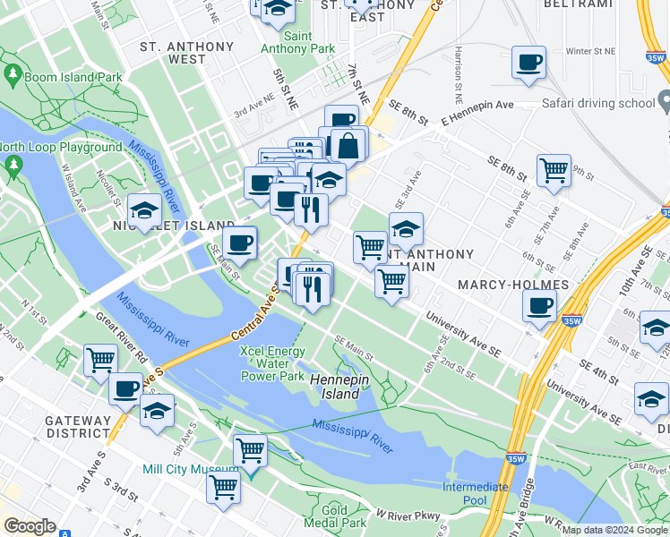 map of restaurants, bars, coffee shops, grocery stores, and more near 200 University Avenue Southeast in Minneapolis