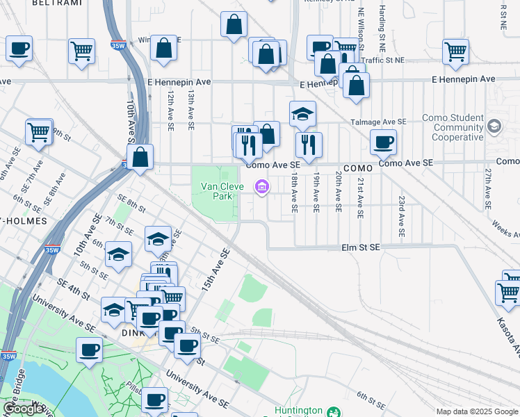 map of restaurants, bars, coffee shops, grocery stores, and more near 1514 Southeast Brook Avenue in Minneapolis