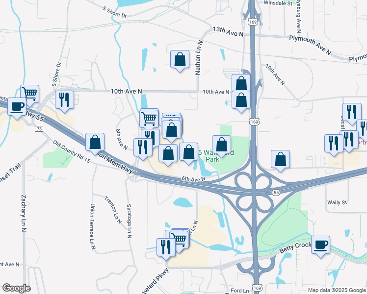 map of restaurants, bars, coffee shops, grocery stores, and more near 10100 6th Avenue North in Plymouth