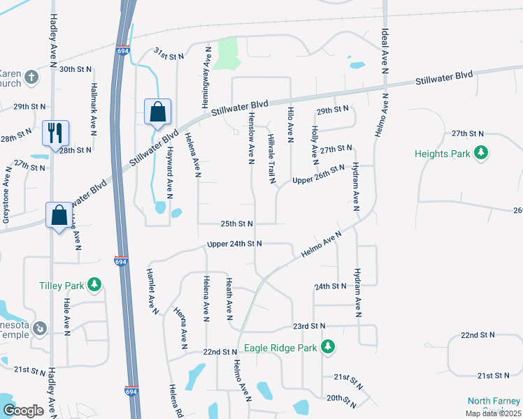 map of restaurants, bars, coffee shops, grocery stores, and more near 2613 Henslow Avenue North in Oakdale