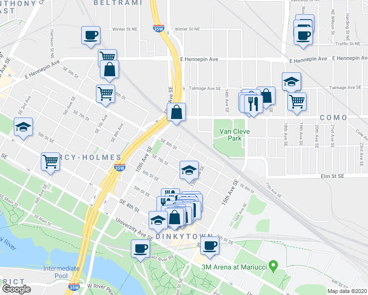 map of restaurants, bars, coffee shops, grocery stores, and more near 822 11th Avenue Southeast in Minneapolis