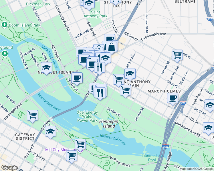 map of restaurants, bars, coffee shops, grocery stores, and more near 302 Southeast 2nd Avenue in Minneapolis