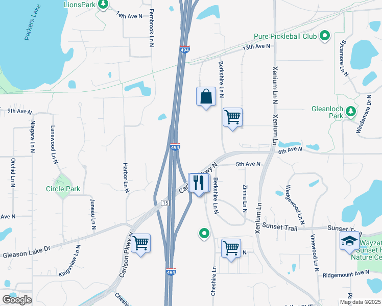 map of restaurants, bars, coffee shops, grocery stores, and more near Carlson Parkway in Minneapolis