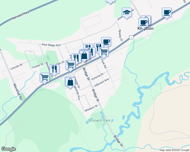 map of restaurants, bars, coffee shops, grocery stores, and more near 553 Victoria Drive in Kingston
