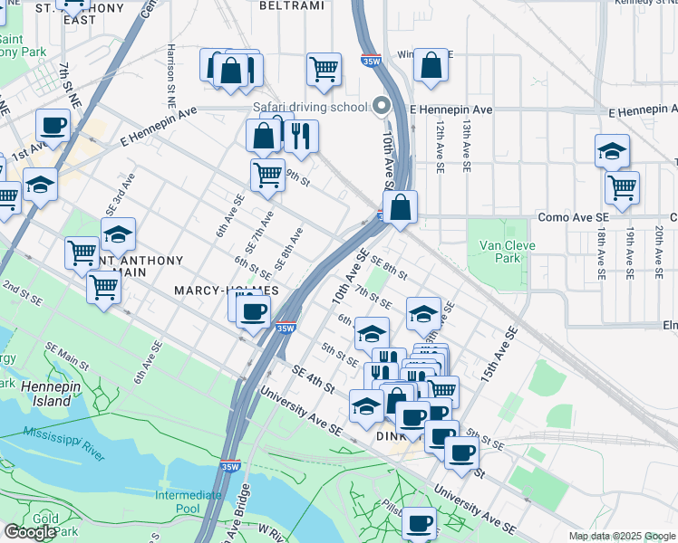 map of restaurants, bars, coffee shops, grocery stores, and more near 711 Southeast 9th Avenue in Minneapolis