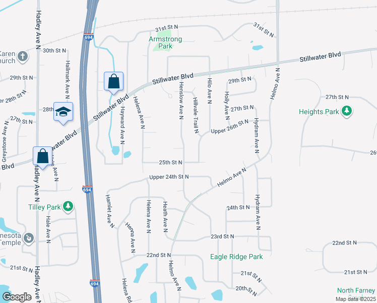 map of restaurants, bars, coffee shops, grocery stores, and more near 2613 Henslow Avenue North in Oakdale