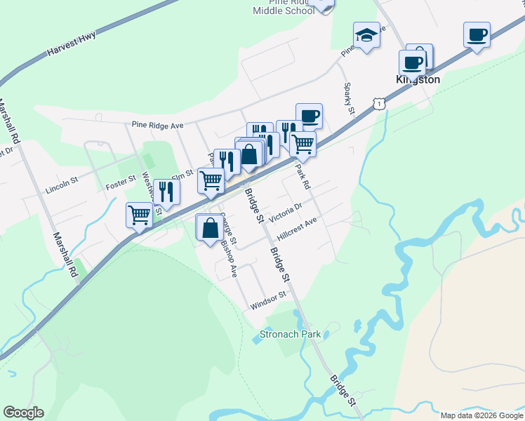 map of restaurants, bars, coffee shops, grocery stores, and more near 1518 Bridge Street in Kingston