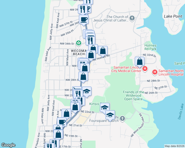 map of restaurants, bars, coffee shops, grocery stores, and more near 2200 Northeast 29th Street in Lincoln City
