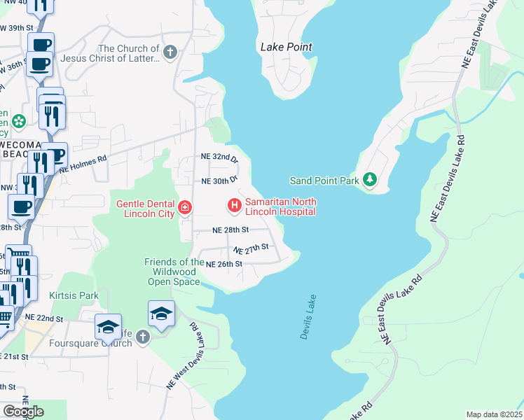 map of restaurants, bars, coffee shops, grocery stores, and more near 2934-2998 Northeast Lake Drive in Lincoln City
