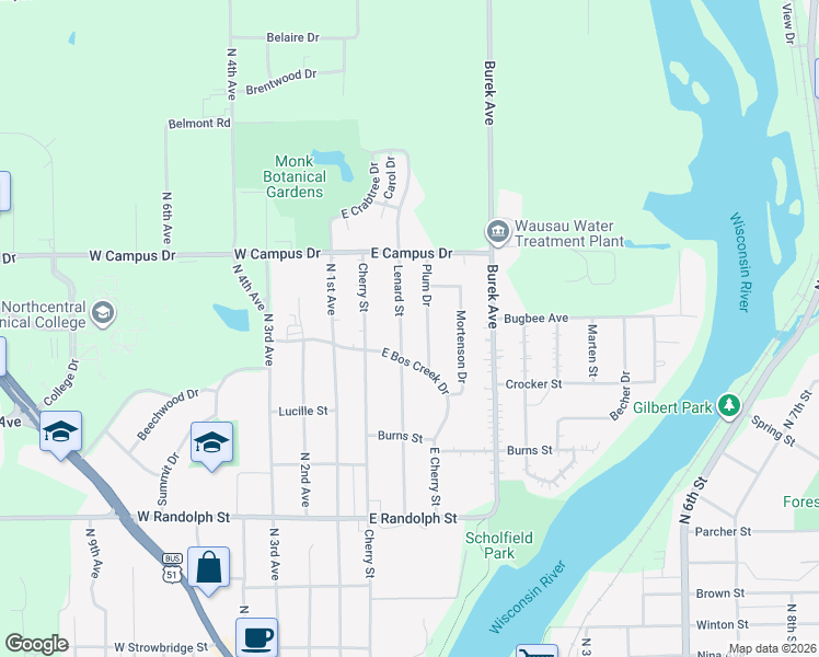 map of restaurants, bars, coffee shops, grocery stores, and more near 1726 Plum Drive in Wausau