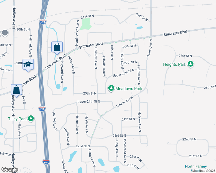 map of restaurants, bars, coffee shops, grocery stores, and more near 2613 Hilo Avenue North in Oakdale