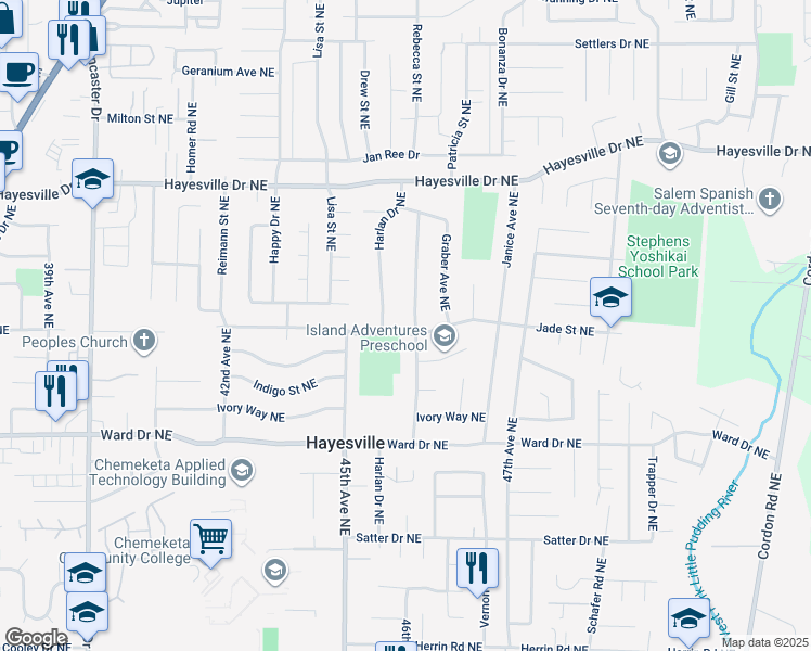 map of restaurants, bars, coffee shops, grocery stores, and more near 4552 Harlan Drive Northeast in Salem