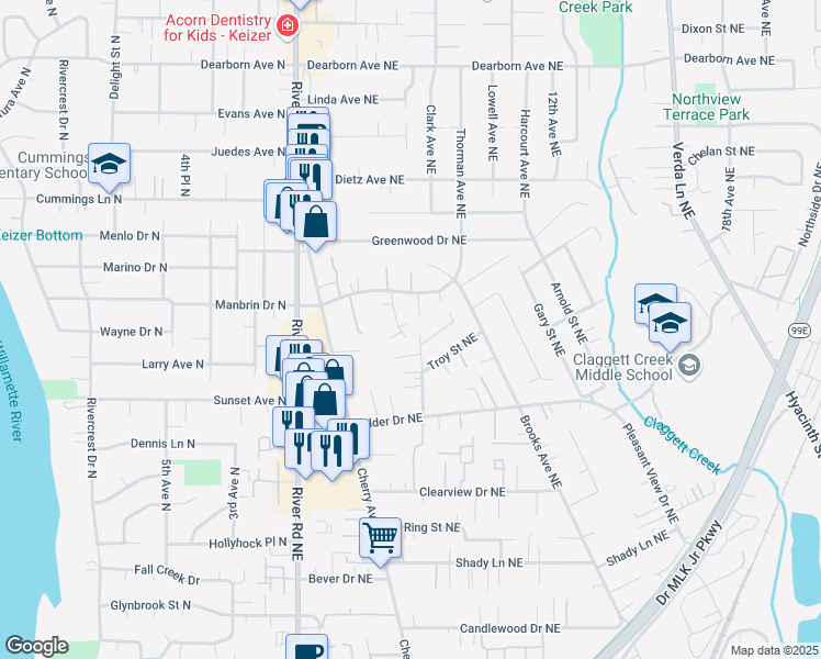map of restaurants, bars, coffee shops, grocery stores, and more near 4268 Meadowbrook Court Northeast in Keizer