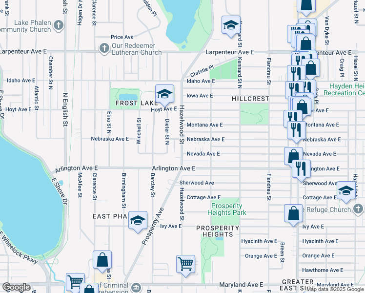 map of restaurants, bars, coffee shops, grocery stores, and more near 1499 Hazelwood Street in Saint Paul
