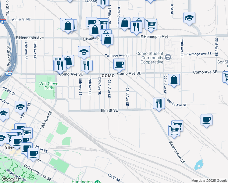 map of restaurants, bars, coffee shops, grocery stores, and more near 893 22nd Avenue Southeast in Minneapolis