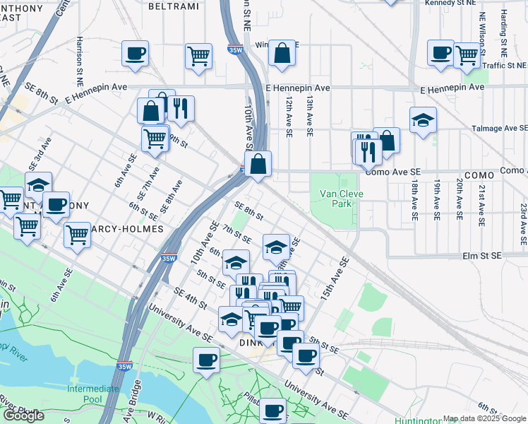 map of restaurants, bars, coffee shops, grocery stores, and more near 822 11th Avenue Southeast in Minneapolis