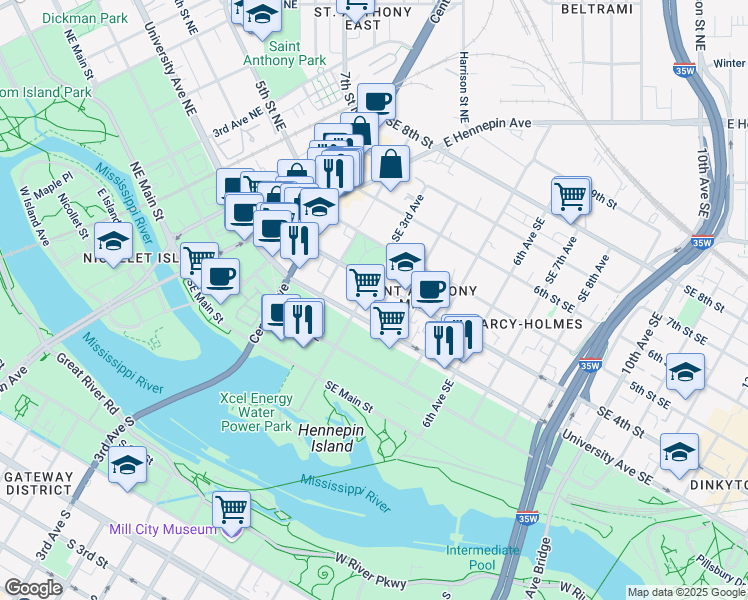 map of restaurants, bars, coffee shops, grocery stores, and more near in Minneapolis