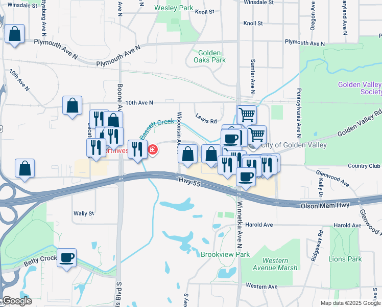 map of restaurants, bars, coffee shops, grocery stores, and more near in Golden Valley