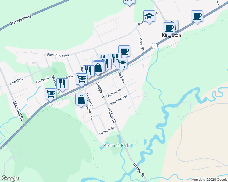 map of restaurants, bars, coffee shops, grocery stores, and more near 565 Victoria Drive in Kingston