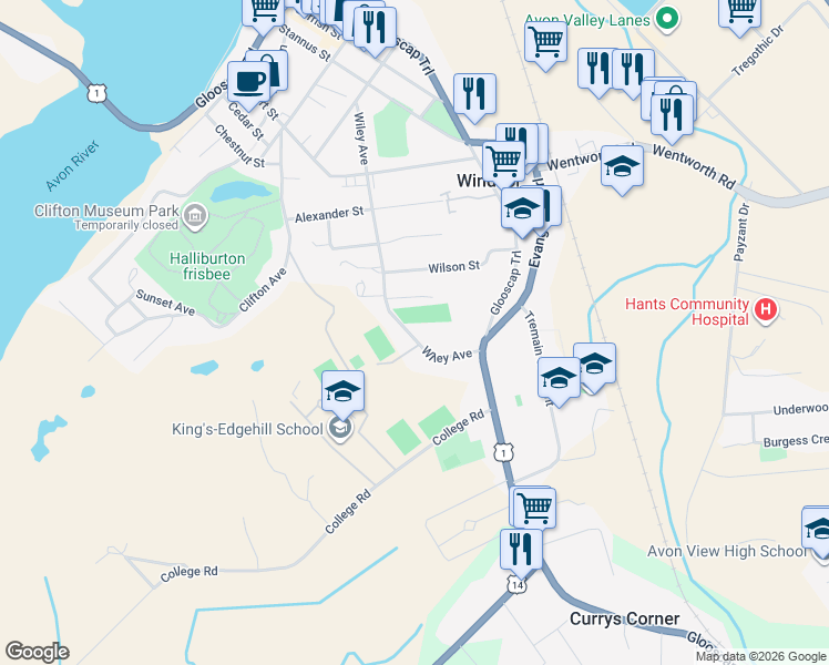map of restaurants, bars, coffee shops, grocery stores, and more near 637 Wiley Avenue in Windsor