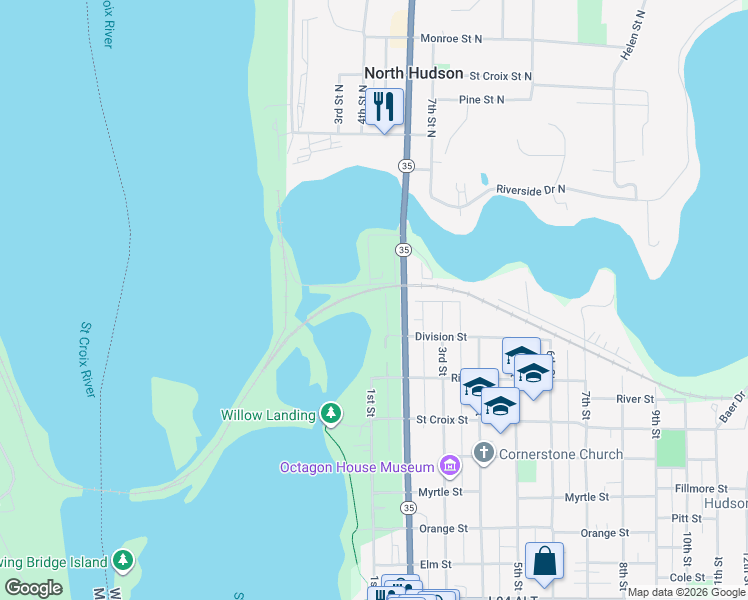 map of restaurants, bars, coffee shops, grocery stores, and more near 1421 2nd Street in Hudson