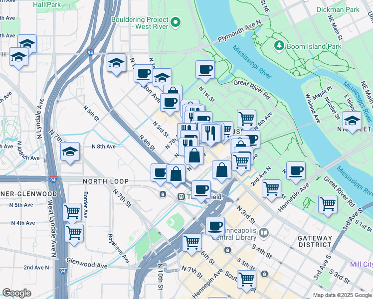 map of restaurants, bars, coffee shops, grocery stores, and more near 525 North Washington Avenue in Minneapolis