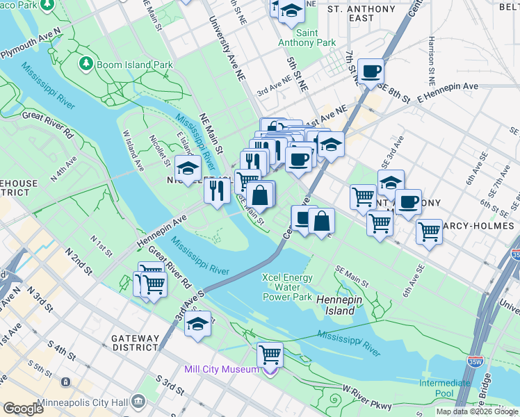 map of restaurants, bars, coffee shops, grocery stores, and more near 42 Lourdes Place in Minneapolis
