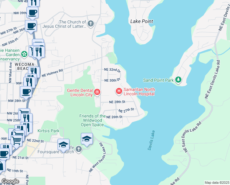 map of restaurants, bars, coffee shops, grocery stores, and more near 2998 Northeast Lake Drive in Lincoln City