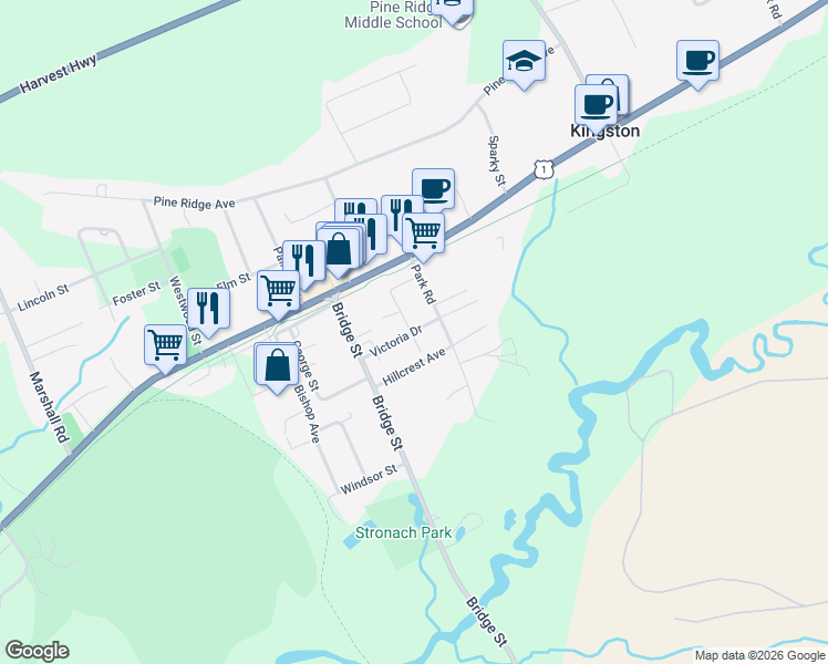 map of restaurants, bars, coffee shops, grocery stores, and more near Victoria Drive in Kingston