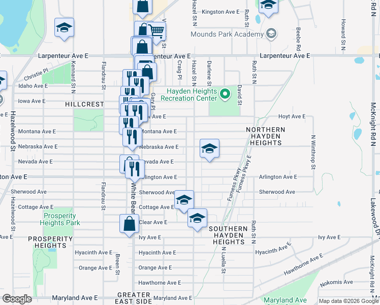 map of restaurants, bars, coffee shops, grocery stores, and more near 1883 Nebraska Avenue East in Saint Paul