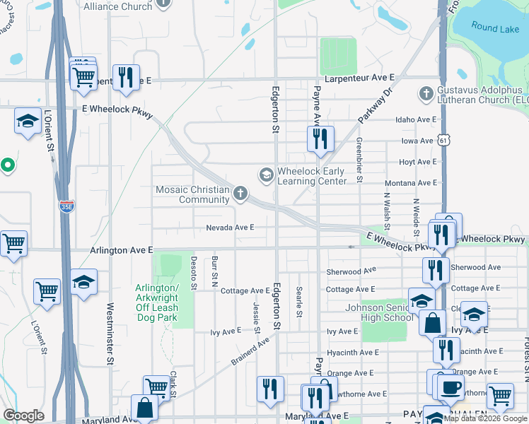 map of restaurants, bars, coffee shops, grocery stores, and more near in Saint Paul