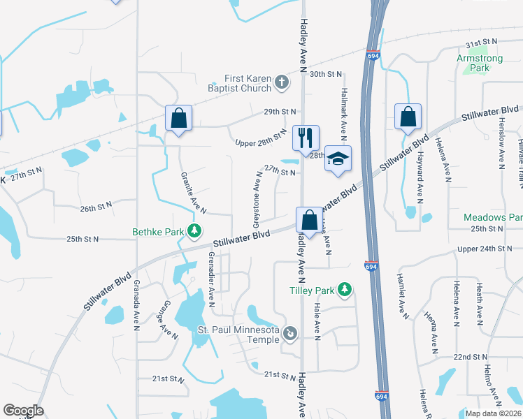 map of restaurants, bars, coffee shops, grocery stores, and more near 2645 Greystone Avenue North in Oakdale