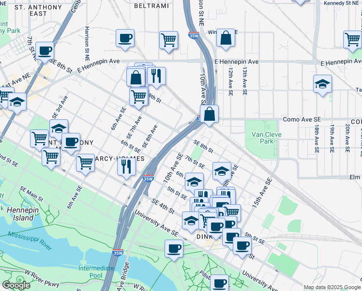 map of restaurants, bars, coffee shops, grocery stores, and more near in Minneapolis