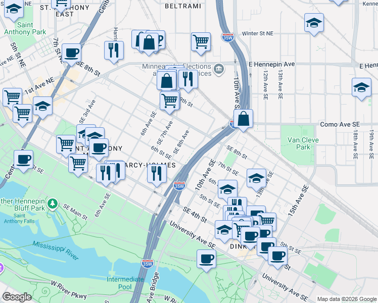 map of restaurants, bars, coffee shops, grocery stores, and more near 624 Southeast 8th Avenue in Minneapolis