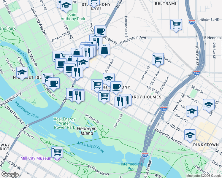 map of restaurants, bars, coffee shops, grocery stores, and more near 400 4th Avenue Southeast in Minneapolis