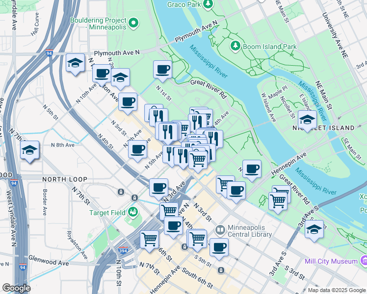 map of restaurants, bars, coffee shops, grocery stores, and more near in Minneapolis