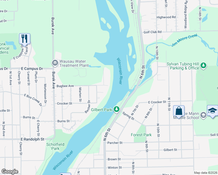 map of restaurants, bars, coffee shops, grocery stores, and more near 1011 Bugbee Avenue in Wausau