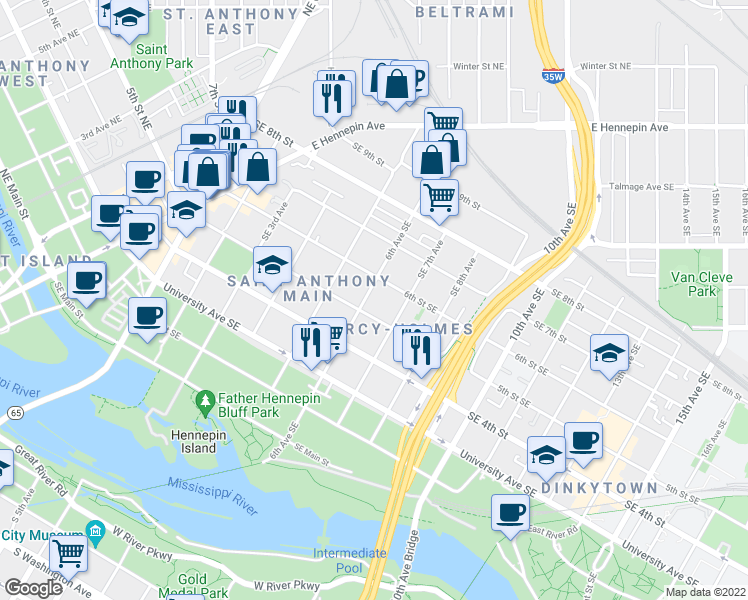 map of restaurants, bars, coffee shops, grocery stores, and more near 513 6th Avenue Southeast in Minneapolis