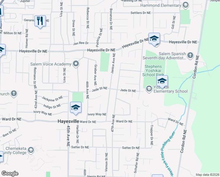 map of restaurants, bars, coffee shops, grocery stores, and more near 4699 Jade Street Northeast in Salem