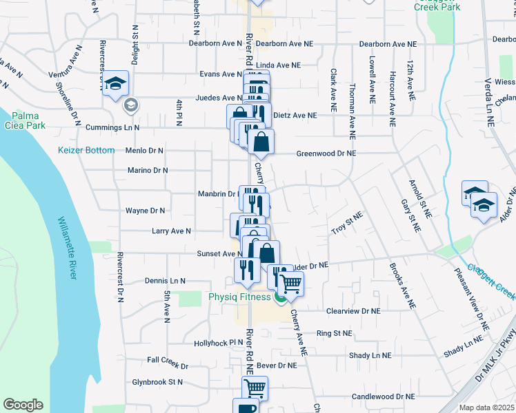map of restaurants, bars, coffee shops, grocery stores, and more near 4225 Cherry Avenue Northeast in Keizer