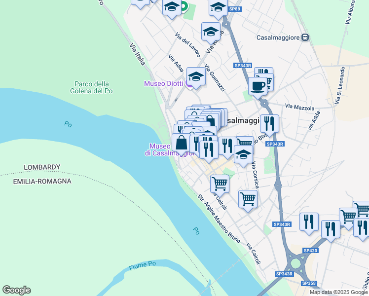 map of restaurants, bars, coffee shops, grocery stores, and more near 6 Via Angelo Brofferio in Casalmaggiore