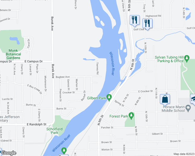 map of restaurants, bars, coffee shops, grocery stores, and more near 1011 Bugbee Avenue in Wausau
