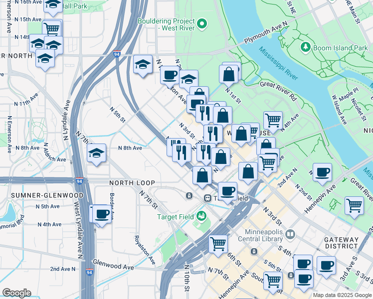 map of restaurants, bars, coffee shops, grocery stores, and more near 710 North 4th Street in Minneapolis