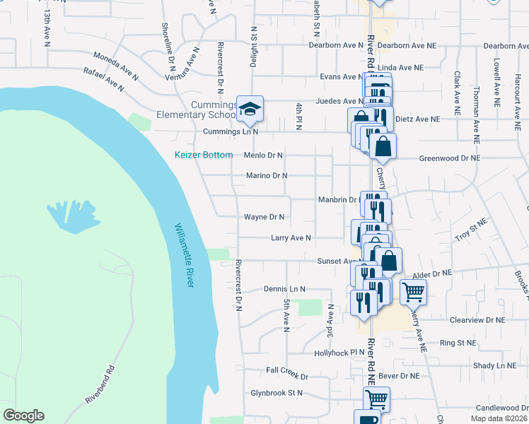map of restaurants, bars, coffee shops, grocery stores, and more near 591 Wayne Drive North in Keizer