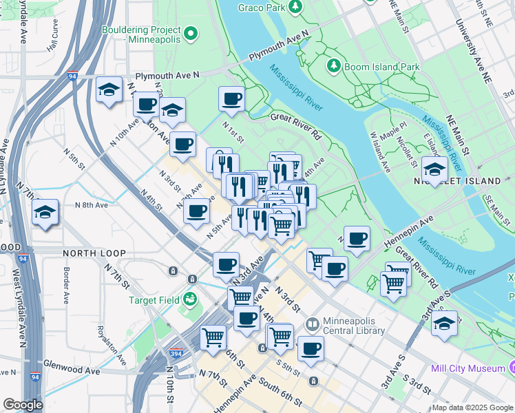 map of restaurants, bars, coffee shops, grocery stores, and more near 401 North 2nd Street in Minneapolis