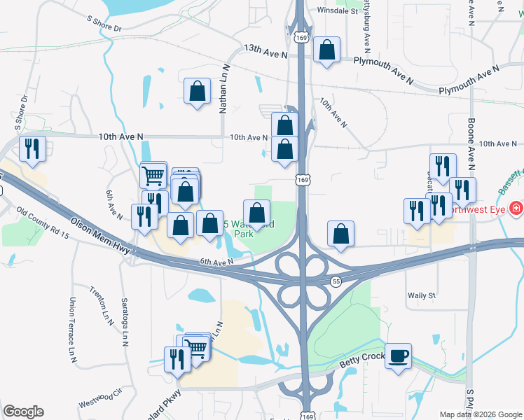 map of restaurants, bars, coffee shops, grocery stores, and more near 605 U.S. 169 in Plymouth